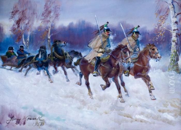 Odwrot Spod Moskwy Oil Painting by Jerzy Kossak
