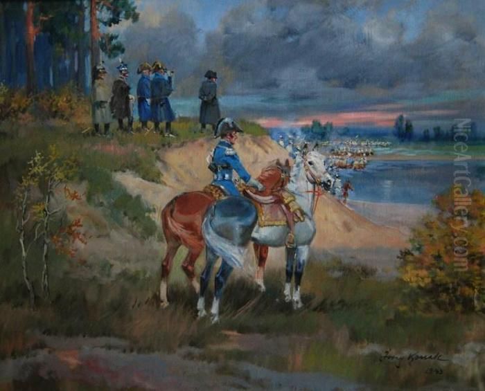 Przeprawa Przez Niemen Oil Painting by Jerzy Kossak