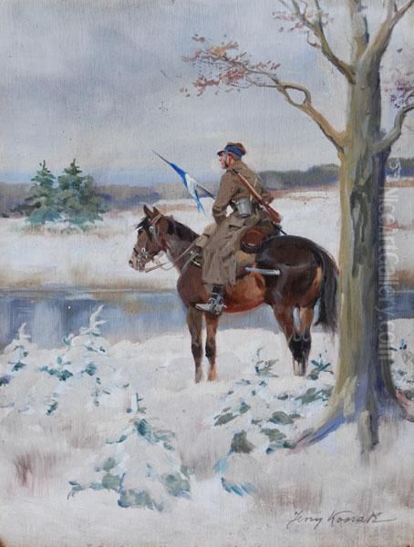 Ulan W Zimowym Pejzazu Oil Painting by Jerzy Kossak