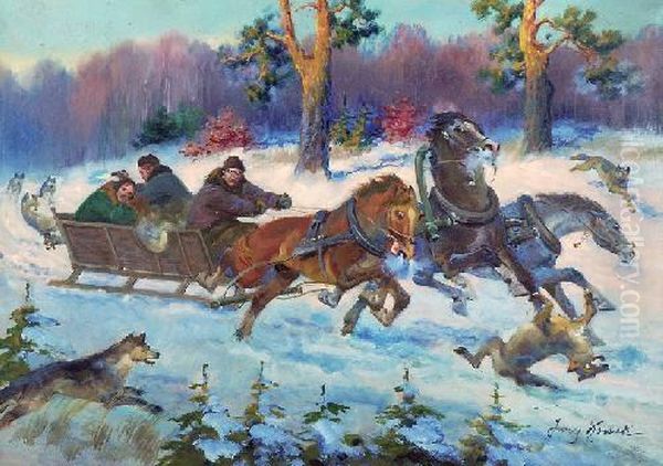 Napad Wilkow Oil Painting by Jerzy Kossak