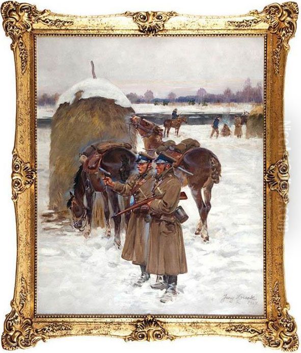 Odpoczynek Ulanow Oil Painting by Jerzy Kossak
