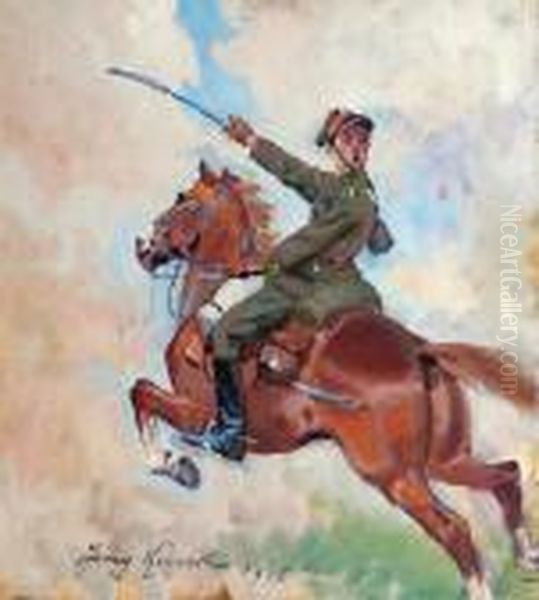 Ulan Na Koniu Oil Painting by Jerzy Kossak