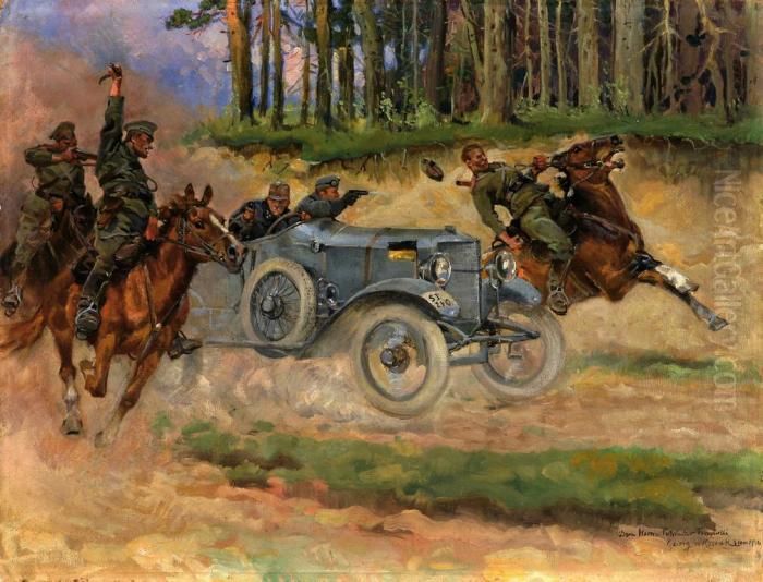 Atak Patrolu Kawalerii Rosyjskiej Na Oficerow Austriackich Oil Painting by Jerzy Kossak