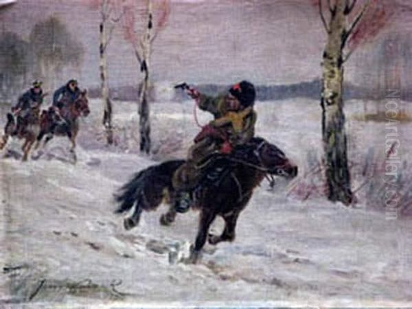 Polish Horserider Winter Fighting Scene Oil Painting by Jerzy Kossak