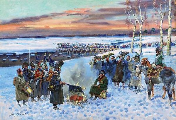 Odwrot Spod Moskwy - Palenie Sztandarow Oil Painting by Jerzy Kossak