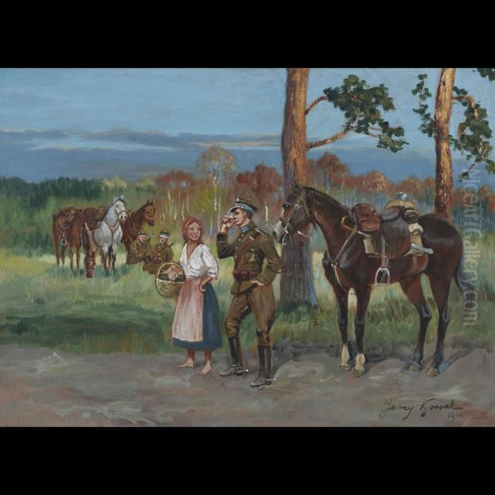 Soldiers Resting And Flirting With Young Peasant Girl Oil Painting by Jerzy Kossak