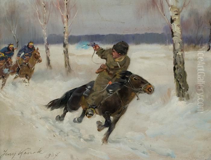 Poscig - Epizod Z Wojny Bolszewickiej Oil Painting by Jerzy Kossak