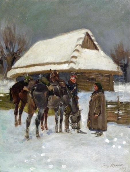 Zolnierz I Dziewczyna Oil Painting by Jerzy Kossak