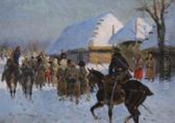 Konwoj Jencow Bolszewickich Eskortowany Oil Painting by Jerzy Kossak