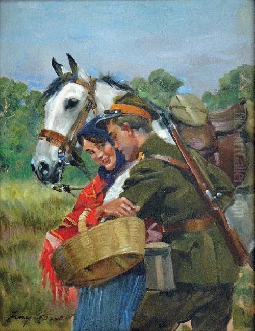 Zaloty Ulanskie Oil Painting by Jerzy Kossak