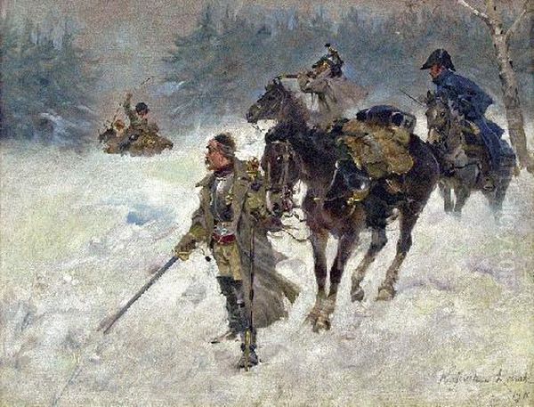 Potyczka U Przeprawy Oil Painting by Jerzy Kossak