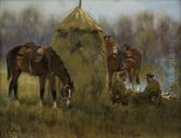 Zolnierze Korpusu Ochrony Pogranicza Przy Ognisku Oil Painting by Jerzy Kossak