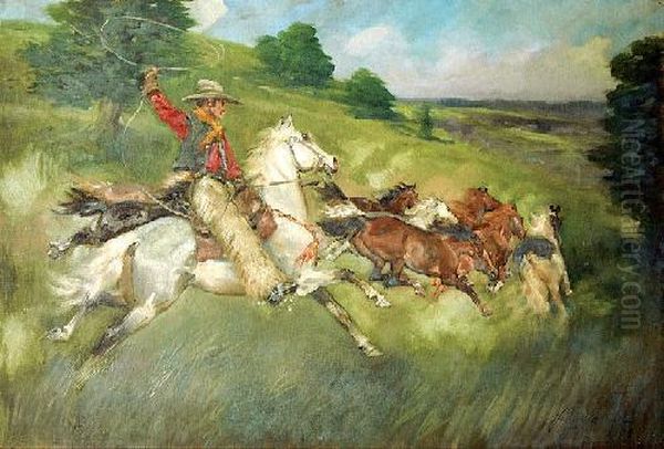 Lapanie Na Lasso Oil Painting by Jerzy Kossak