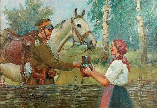 Ulan I Dziewczyna Oil Painting by Jerzy Kossak