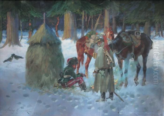 Odpoczynek Zolnierzy Przy Ognisku Oil Painting by Jerzy Kossak