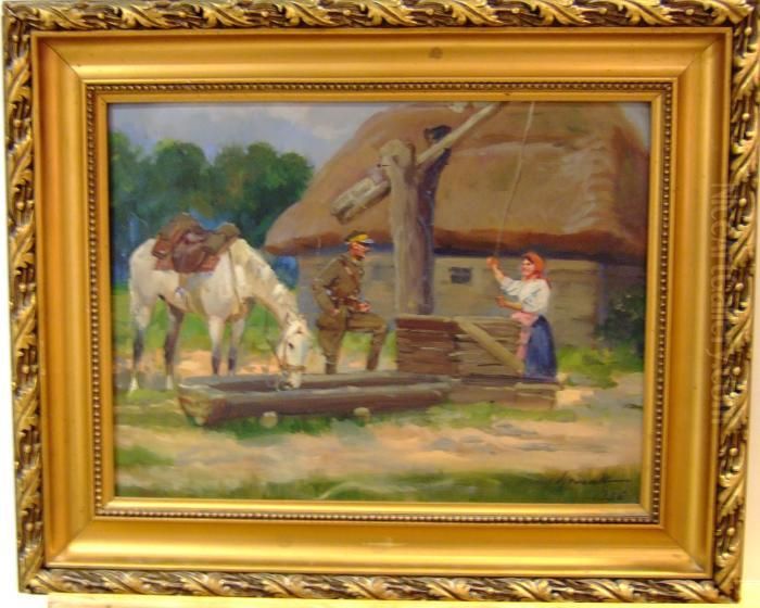 Soldat Samtalar Med En Kvinna 
Vid Brunnen Medan Han Vattnar Sin Hast. A Tergo Intyg Samt Stampel 
Numrerad Nummer 841 Jerzy Kossak, Krakow. Oil Painting by Jerzy Kossak