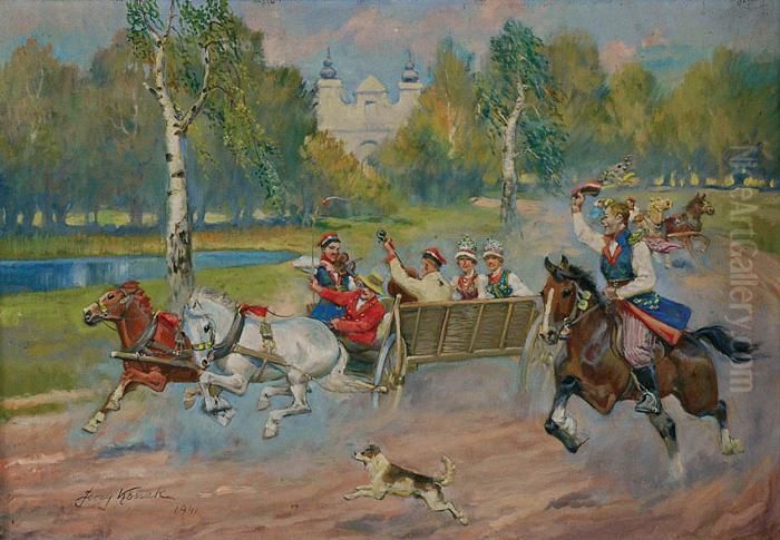 Wesele Krakowskie Oil Painting by Jerzy Kossak