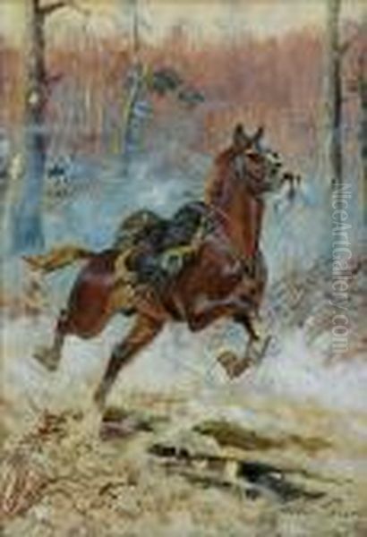 Sploszony Kon - Epizod Z Bitwy Pod Olszynka Grochowska Oil Painting by Jerzy Kossak