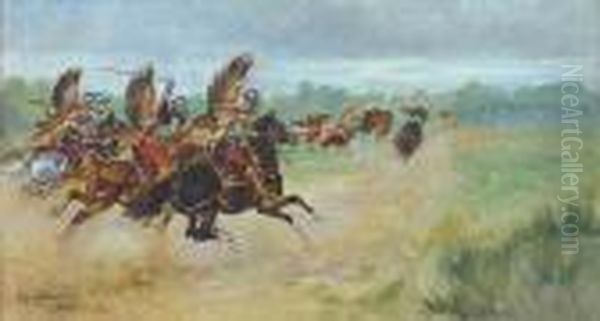 Husaria Polska W Poscigu Za Turkami Oil Painting by Jerzy Kossak