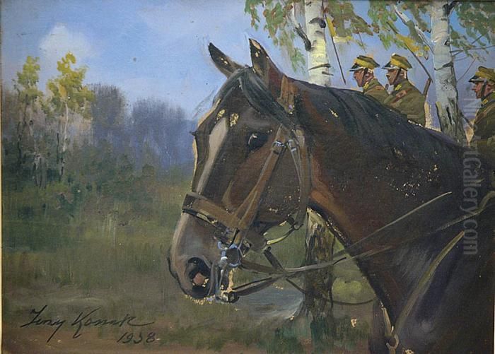Glowa Konia Sakrogniadego W Oglowiu Z Ulanami W Tle Oil Painting by Jerzy Kossak