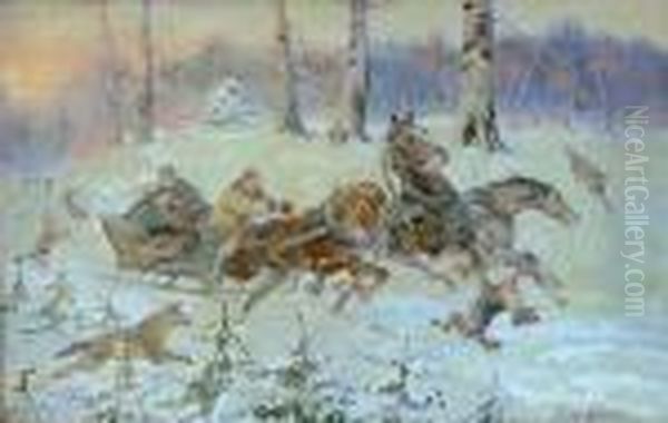 Napad Wilkow Oil Painting by Jerzy Kossak
