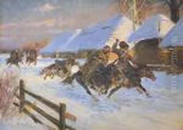Ucieczka Bolszewikow Przed Ulanami Rp Oil Painting by Jerzy Kossak