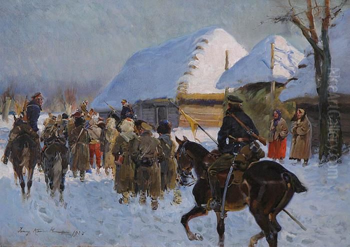 Konwoj Jencow Bolszewickich Eskortowany Przez Ulanow Oil Painting by Jerzy Kossak