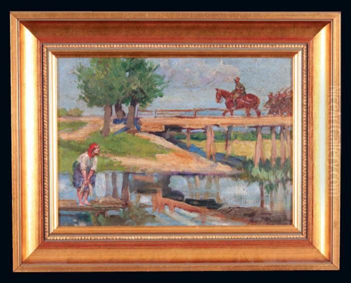 Przeprawa Oddzialu Przez Rzeke Oil Painting by Jerzy Kossak