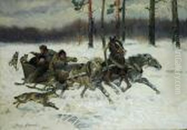 Napad Wilkow Oil Painting by Jerzy Kossak