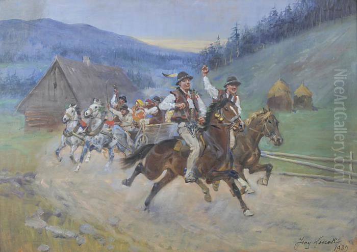 Wesele Goralskie Oil Painting by Jerzy Kossak