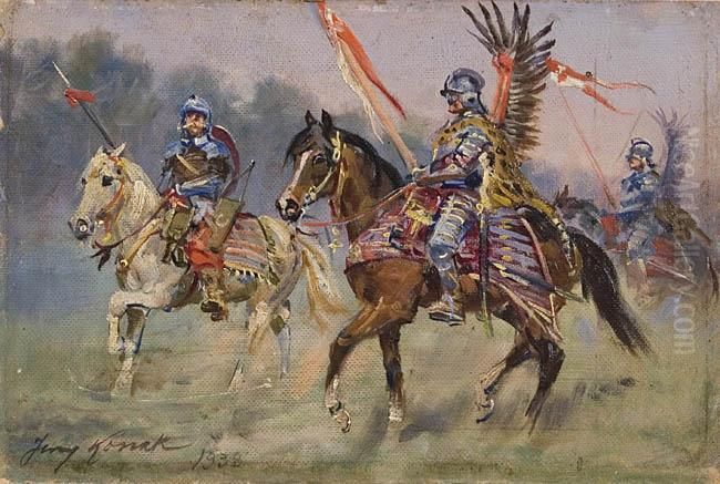 Towarzysz Pancerny I Dwu Husarzy Z Czasow Sobieskiego Oil Painting by Jerzy Kossak