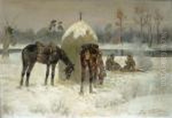Patrol Na Postoju Przy Ognisku Oil Painting by Jerzy Kossak