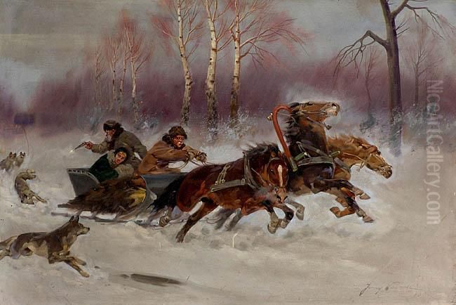 Napad Wilkow Na Sanie Z Trojka Koni Oil Painting by Jerzy Kossak