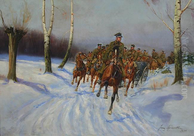 Dywizjon Altylerii Konnej Jedzie Droga Oil Painting by Jerzy Kossak