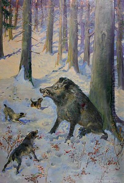 Osaczony Dzik Oil Painting by Jerzy Kossak
