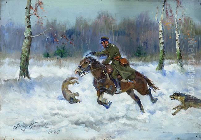 Poscig Wilkow Za Zolnierzem Oil Painting by Jerzy Kossak