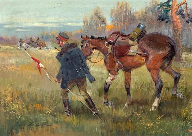 Ulan Z Rannym Koniem Oil Painting by Jerzy Kossak
