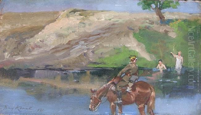 Ulan Pytajacy O Droge (1931) Oil Painting by Jerzy Kossak
