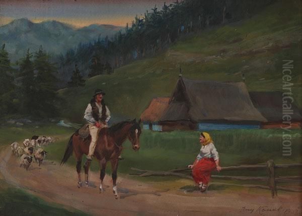 Returning With The Flock Oil Painting by Jerzy Kossak