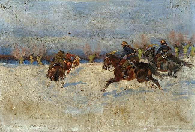 Poscig Ulanow Za Bolszewikami Oil Painting by Jerzy Kossak