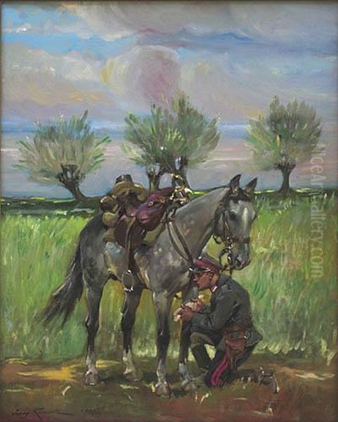 Zolnierz 1 Pulku Szwolezerow Opatrujacy Konia Oil Painting by Jerzy Kossak
