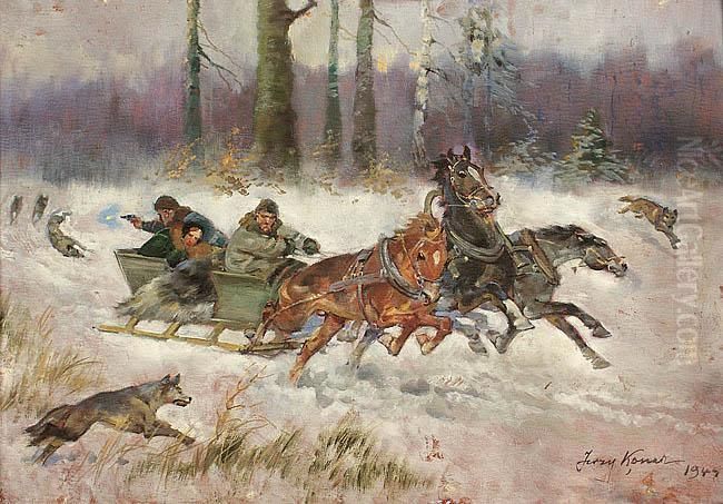 Napad Wilkow Oil Painting by Jerzy Kossak