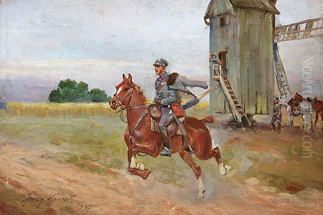 Zolnierze Przy Mlynie Oil Painting by Jerzy Kossak