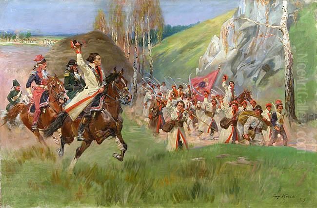 Tadeusz Kosciuszko Prowadzi Kosynierow Pod Raclawicami, 1929 R. Oil Painting by Jerzy Kossak