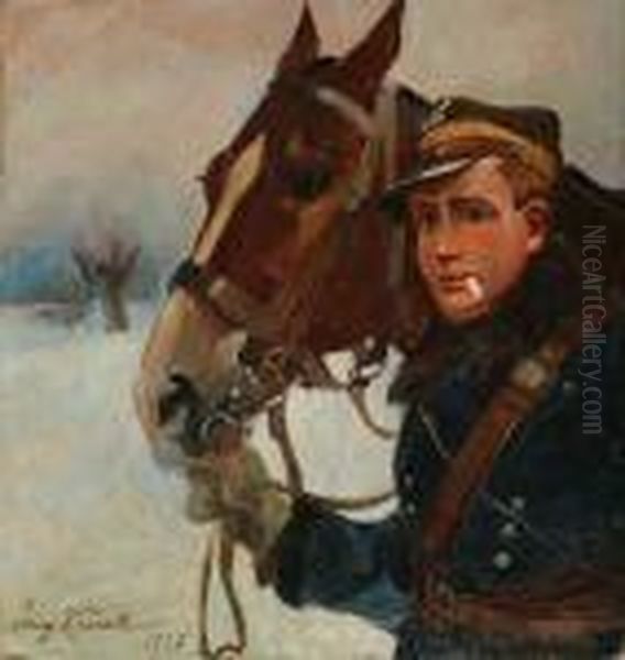 Legionista Prowadzacy Konia Oil Painting by Jerzy Kossak