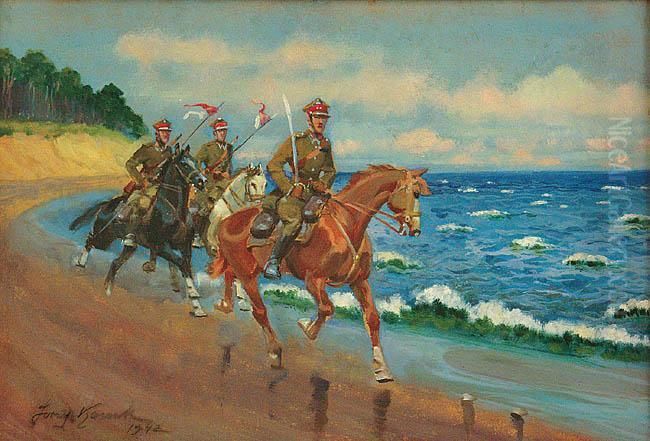 Patrol Ulanski Nad Morzem Oil Painting by Jerzy Kossak