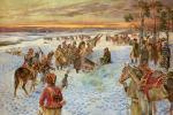 Palenie Sztandarow - Epizod Z Wyprawy Napoleona Na Moskwe Oil Painting by Jerzy Kossak