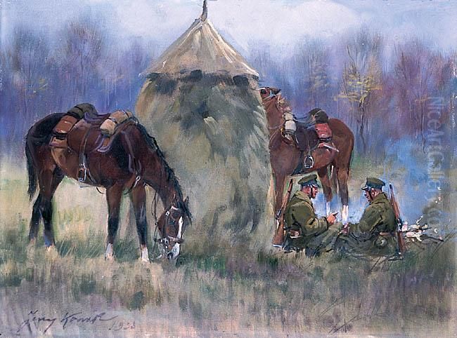 Ulani Przy Stogu Siana Oil Painting by Jerzy Kossak