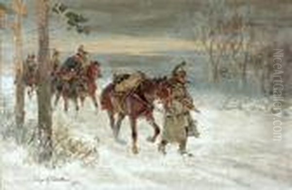Odwrot Spod Moskwy Oil Painting by Jerzy Kossak
