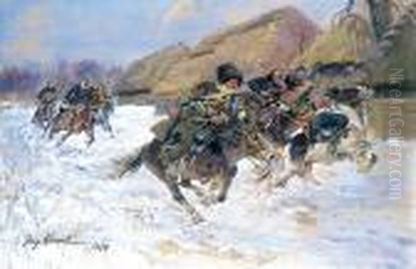 Potyczka Ulanow Jazlowieckich Z Bolszewikami, 1928 R. Oil Painting by Jerzy Kossak